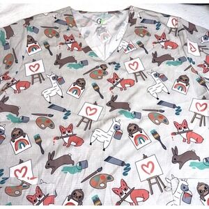 GT Performance Scrub Top Women 2X Gray Artist Animals Paint V Neck Nurse